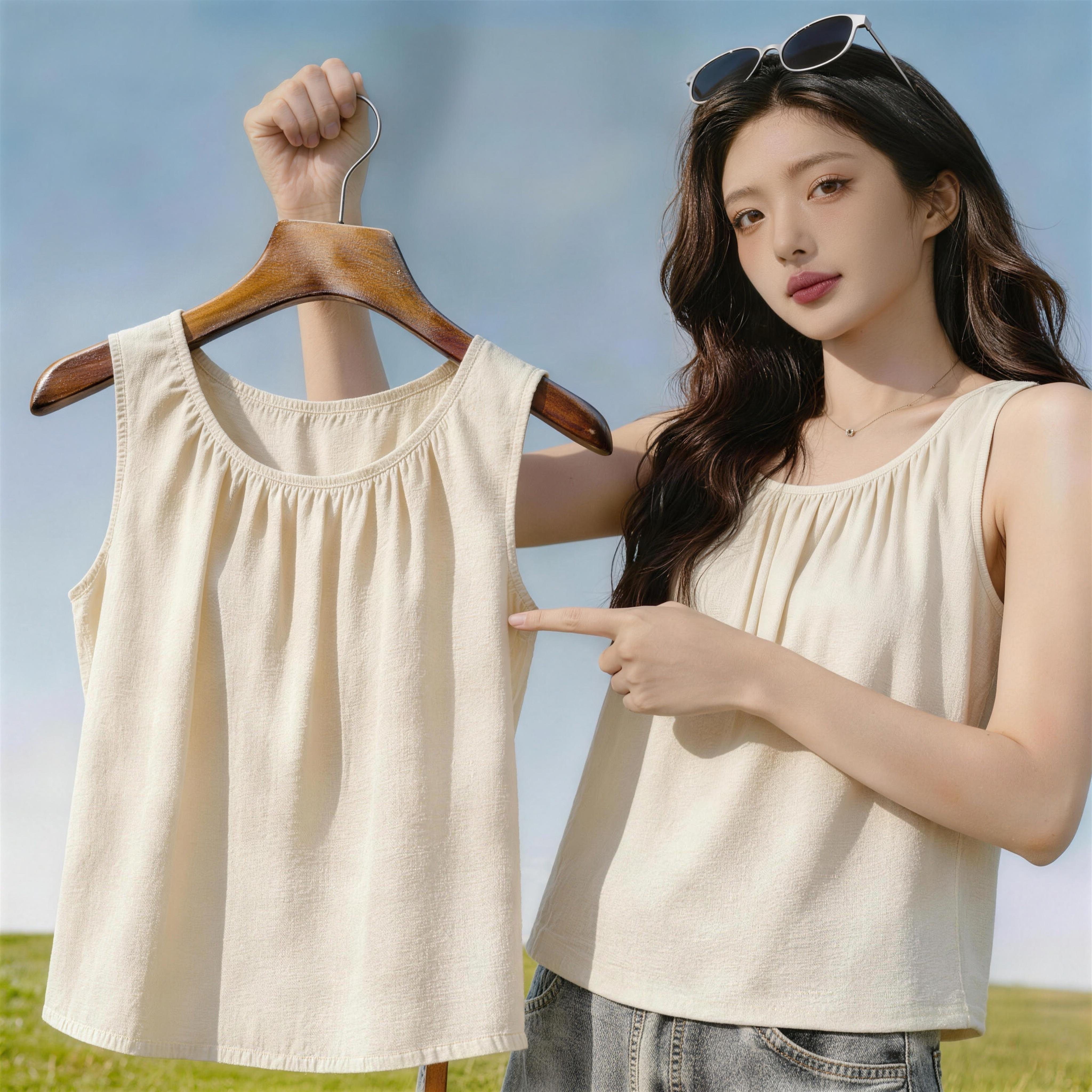 夏季时尚圆领A版百褶云朵棉无袖背心女宽松百搭显瘦纯色休闲上衣