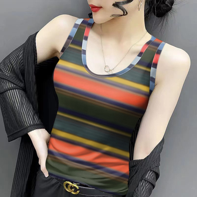 夏季新款吊带背心高档U领内搭修身气质印花女士无袖外穿冰丝小衫