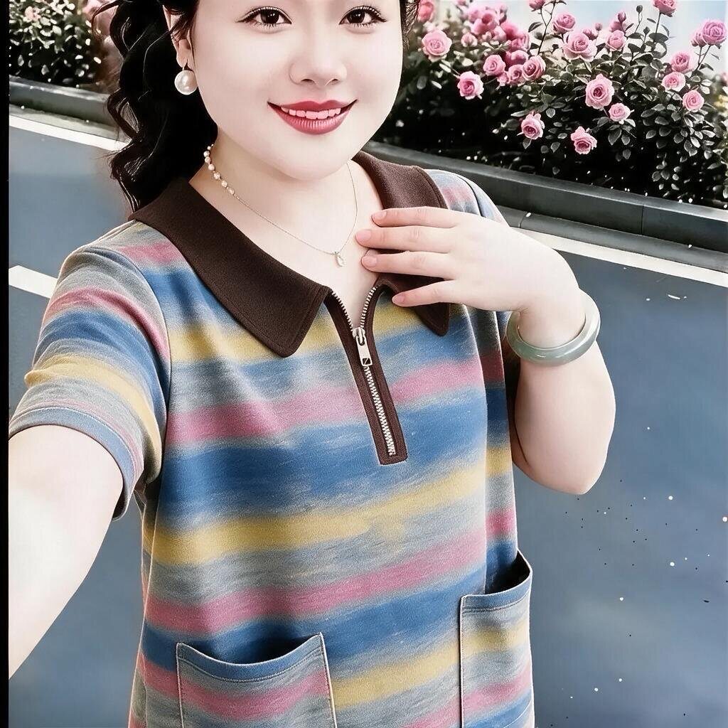 夏季新品短袖双口袋气质百搭休闲宽松高级感翻领条纹T恤妈妈上衣