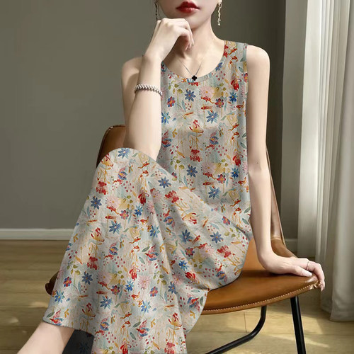 断码时尚-2025夏新款印花减龄遮肚妈妈装背心吊带中长款连衣裙女