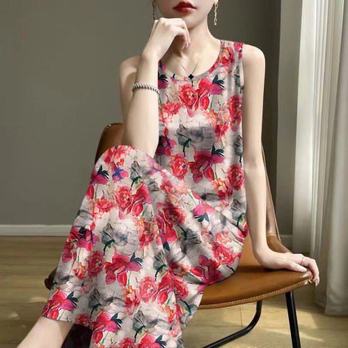 断码时尚-2025夏新款印花减龄遮肚妈妈装背心吊带中长款连衣裙女