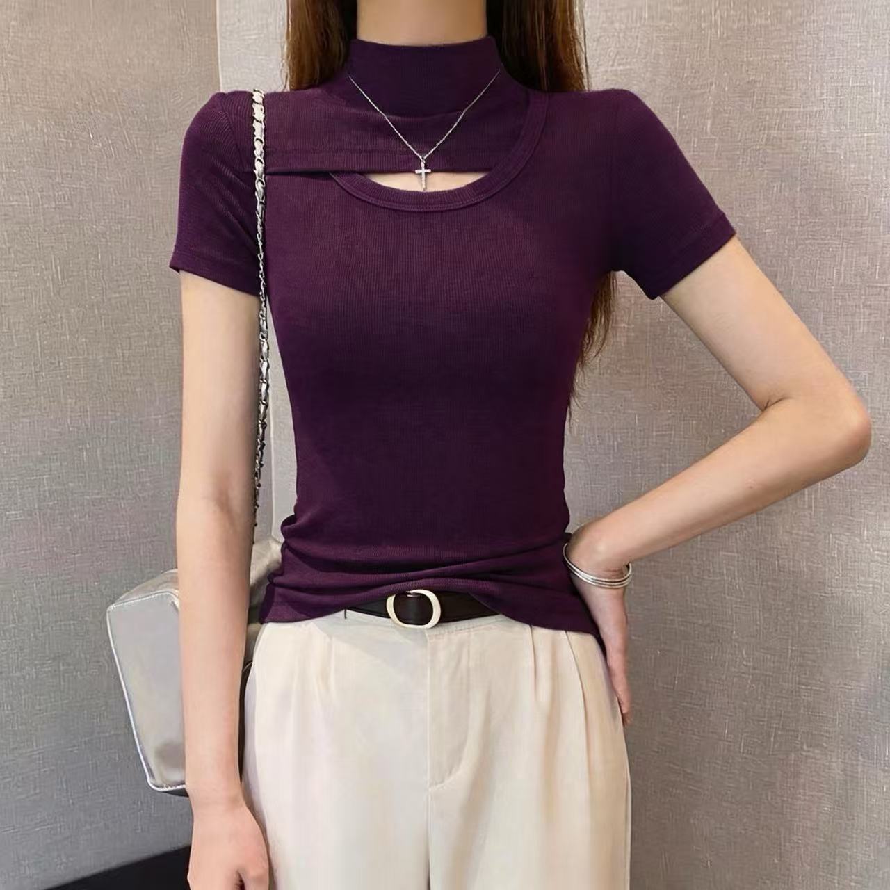螺纹半高领镂空短袖t恤女2026年春夏女士打底衫百搭中领正肩上衣