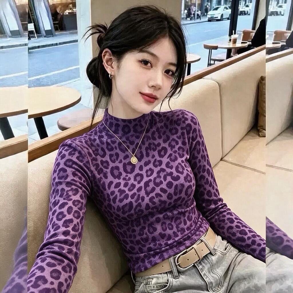 豹纹印花长袖t恤女秋冬季新款印花修身显瘦打底衫半高领上衣ins