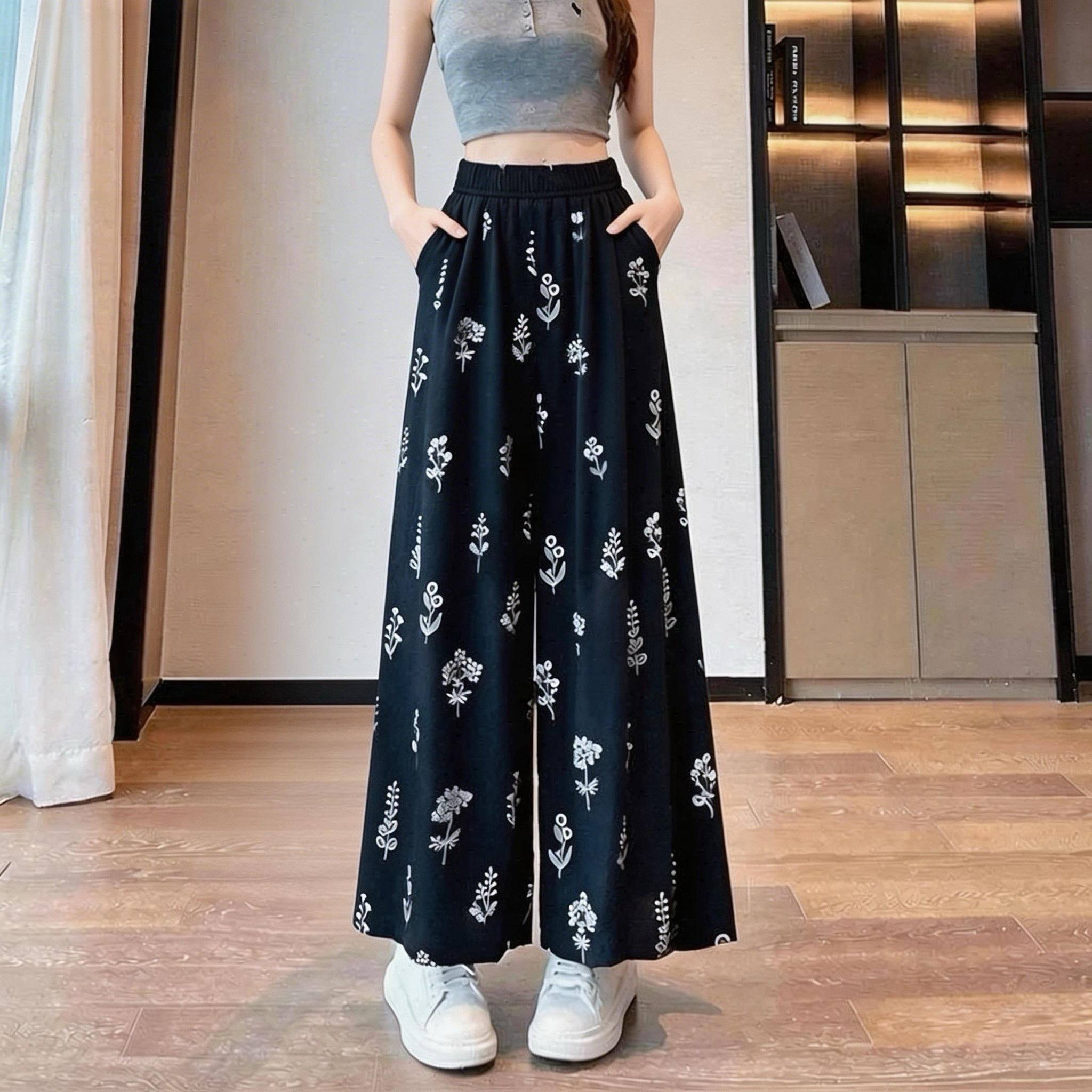 民族风宽松直筒休闲九分裤冰丝印花阔腿裤女夏季薄款新款高腰显瘦