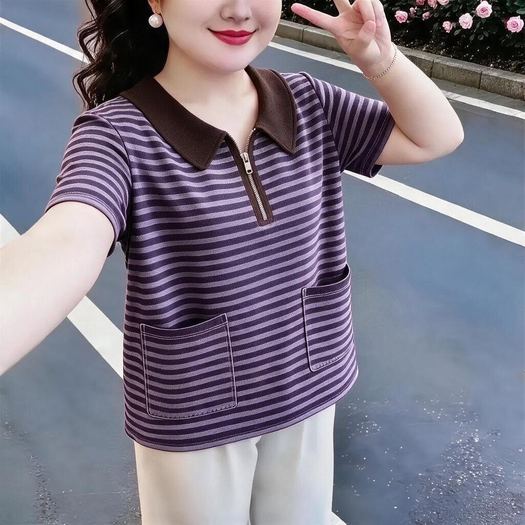 夏季新品短袖双口袋气质百搭休闲宽松高级感翻领条纹T恤妈妈上衣