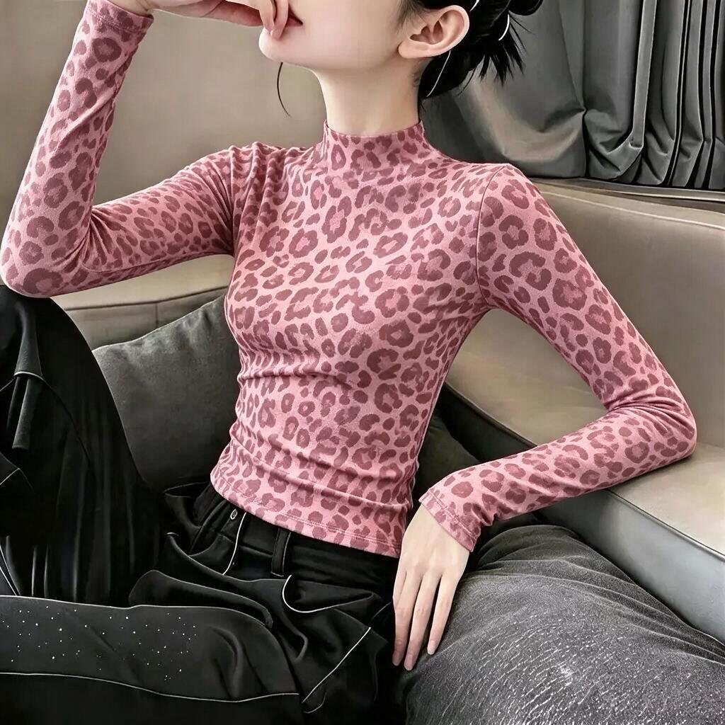 豹纹印花长袖t恤女秋冬季新款印花修身显瘦打底衫半高领上衣ins