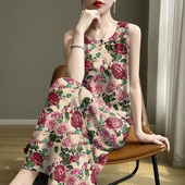 时尚 2025夏新款 印花减龄遮肚妈妈装 断码 背心吊带中长款 连衣裙女