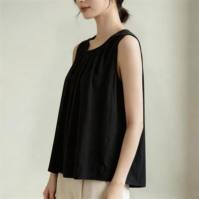 夏季时尚圆领A版百褶云朵棉无袖背心女宽松百搭显瘦纯色休闲上衣