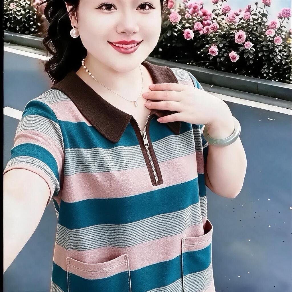 夏季新品短袖双口袋气质百搭休闲宽松高级感翻领条纹T恤妈妈上衣