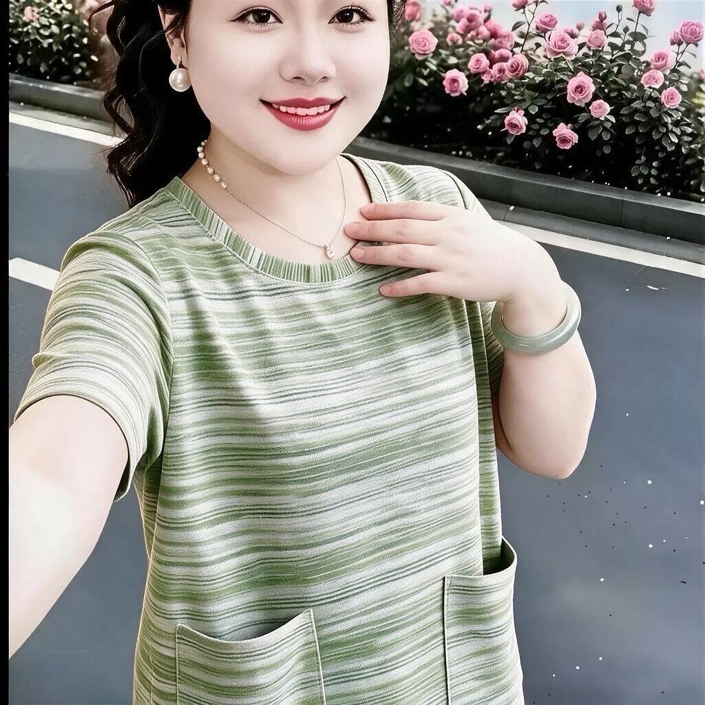夏季新品短袖双口袋气质百搭休闲宽松高级感条纹棉T恤妈妈上衣女
