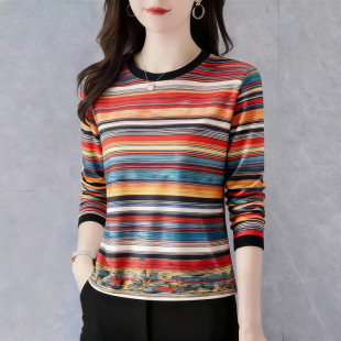 女2025春秋新款 打底衫 遮肚子大花T恤上衣 时髦圆领长袖 清仓捡漏