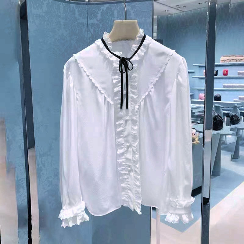 2026早春新款宫廷风甜美波浪纹刺绣系带蝴蝶结花瓣袖百搭雪纺衬衫