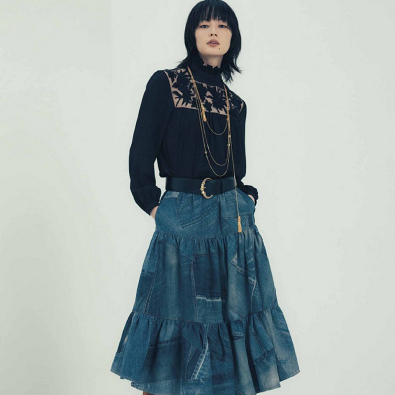 2022早春新款宫廷风重工花朵钉珠刺绣木耳边甜美百搭雪纺衬衫上衣