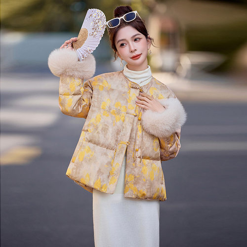 国风90绒鸭绒服女2025冬季新中式狐狸真毛袖口拼接羽绒服外套