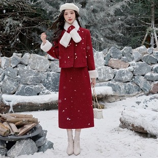 喜庆90%白鸭绒长裙两件套配仿毛围脖 冬2025新款 小香风套装 女装