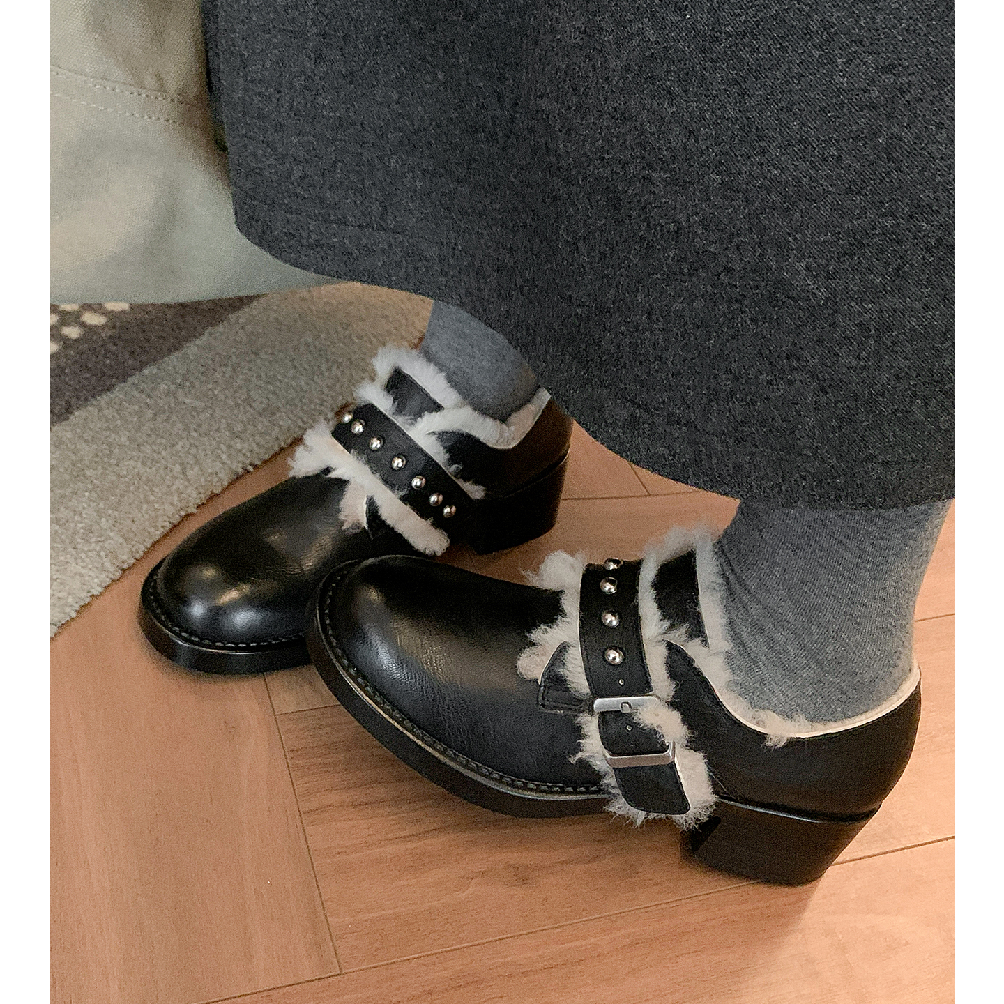 粗跟加绒单鞋气质乐福鞋小皮鞋