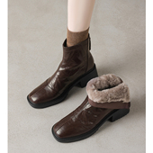 Kmeizu巨软 加厚绒短靴女秋冬马丁靴6cm粗跟真皮后拉链及踝骑士靴