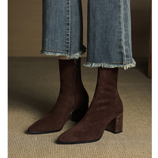 Kmeizu不累脚 7cm粗跟短靴女秋冬弹力瘦瘦靴简约及踝包腿袜靴高跟