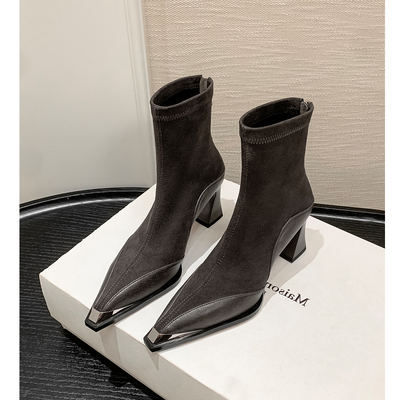 洋气金属尖头及踝短靴气质瘦瘦靴