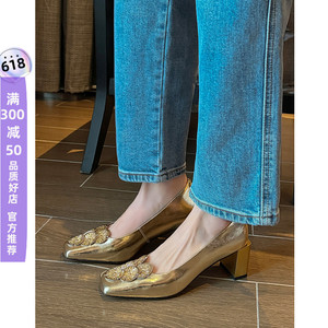 Kmeizu法式优雅~5.5cm粗跟单鞋女春季流行金银花朵ol不累脚高跟鞋