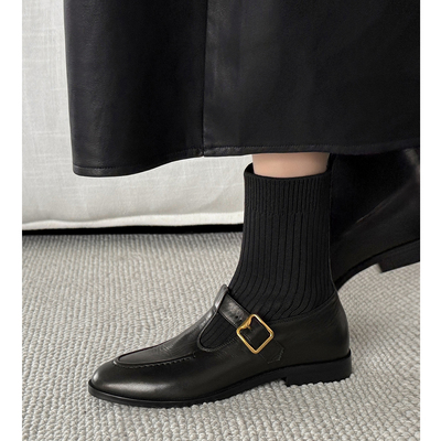 简约低跟短靴针织连袜靴平底马靴
