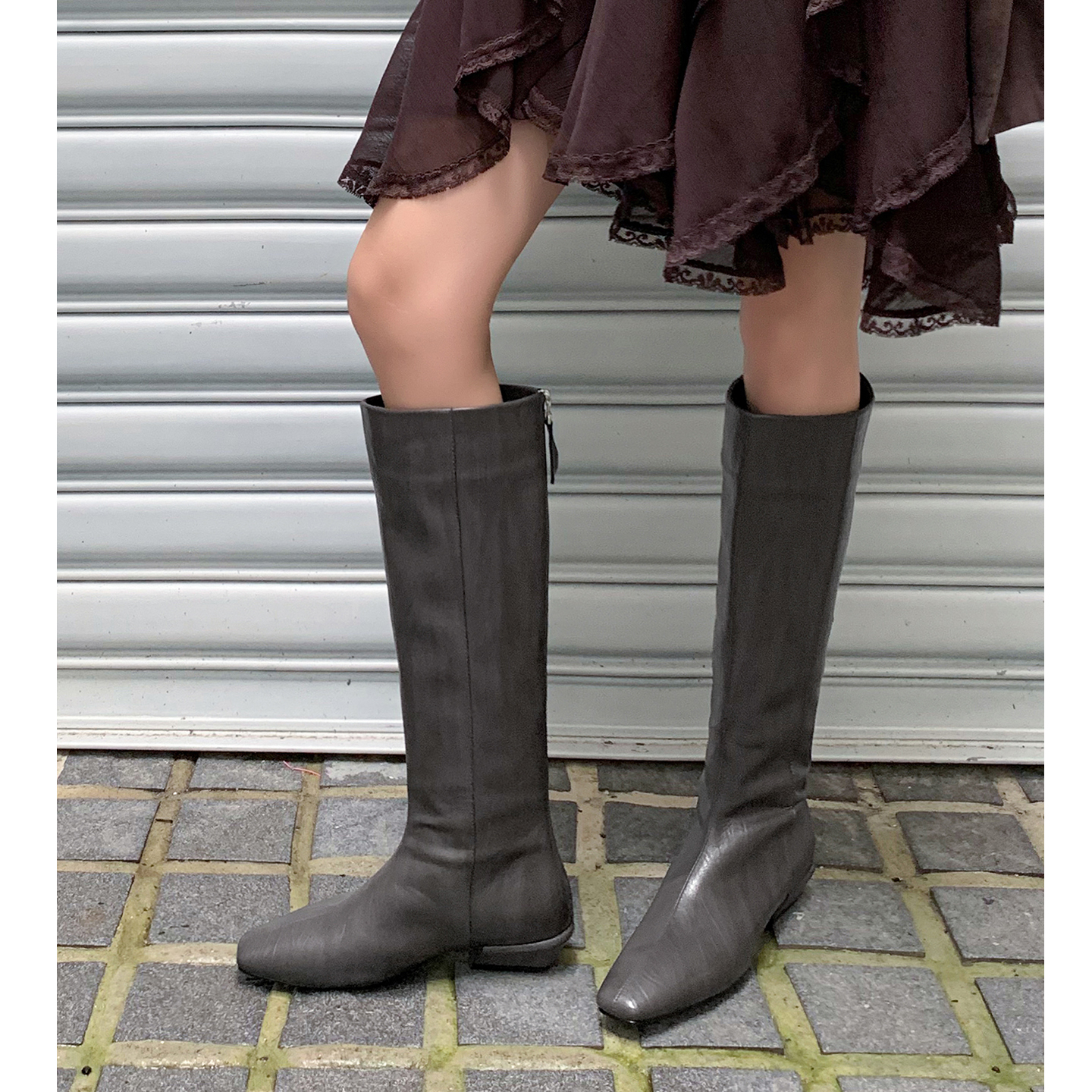显瘦简约高筒靴方头骑士长筒靴