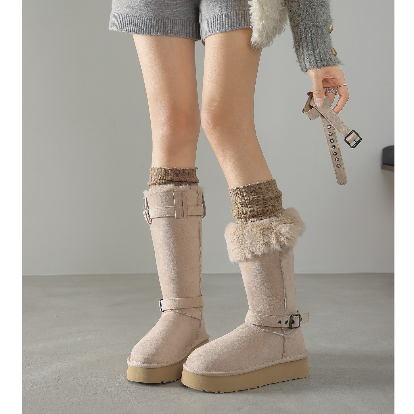 两穿翻折高筒靴显瘦骑士雪地靴