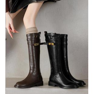 Kmeizu显腿直~牛皮高筒靴女秋冬骑士靴流行锁扣3cm粗跟长筒御马靴