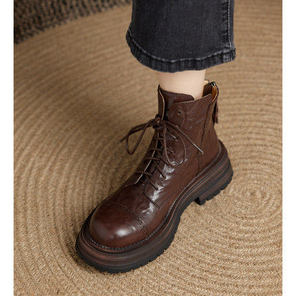 Kmeizu巨显瘦~4.5cm厚底马丁靴女秋冬短靴七孔系带皮靴户外机车靴