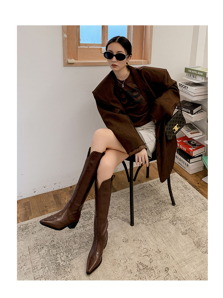 KMEIZU MEGA BOOTS WOMENS FALL|WINTER V-MOUTH WESTERN BOOTS BLOCK HEEL LOOSE SLIM LONG LEATHER RIDER BOOTS