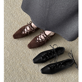 文艺中跟鞋 Kmeizu法式 女新款 交叉扣带方头小皮鞋 中古 4cm粗跟单鞋