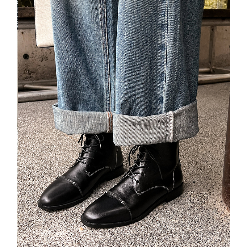 绑带真皮气质短靴百搭机车马丁靴