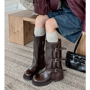 Kmeizu巨显瘦~中筒靴女秋冬皮带扣骑士靴加宽松大直筒裤管靴马靴