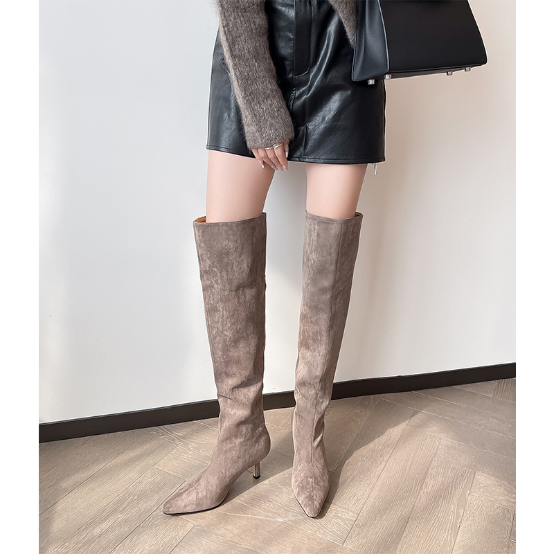 kmeizu尖头细跟绒面长靴