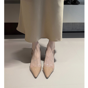 女夏尖头透明拼色商务后空凉鞋 5cm细跟裸色高跟鞋 优雅 Kmeizu法式