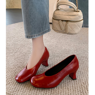 大圆头真皮中跟宴会商务ol单鞋 女新款 6cm粗跟高跟鞋 Kmeizu不累脚