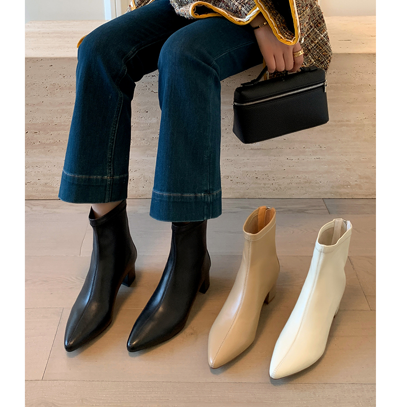尖头通勤真皮短靴中跟踝靴