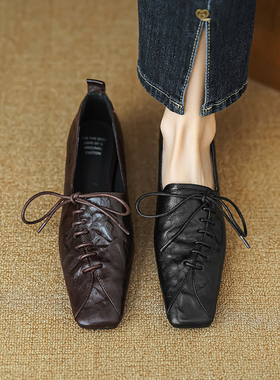 Kmeizu用心做鞋~羊皮系带乐福鞋女春季德比中性小皮鞋3cm粗跟单鞋
