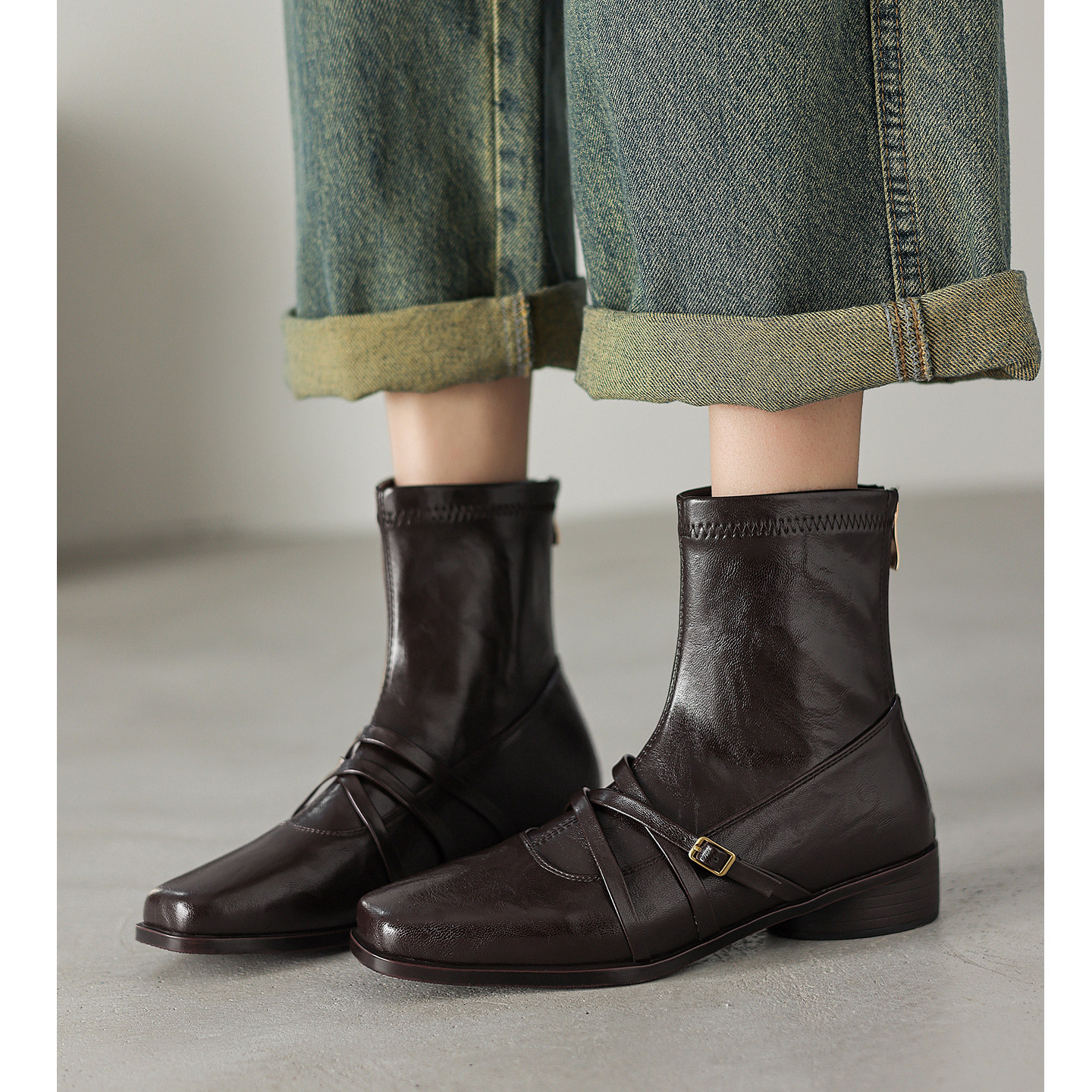 Kmeizu设计感~3cm低跟短秋冬方头弹力瘦瘦靴及踝靴骑士休闲马丁靴,女鞋,时装靴,淘宝优惠券,粉丝福利购,淘宝优惠卷