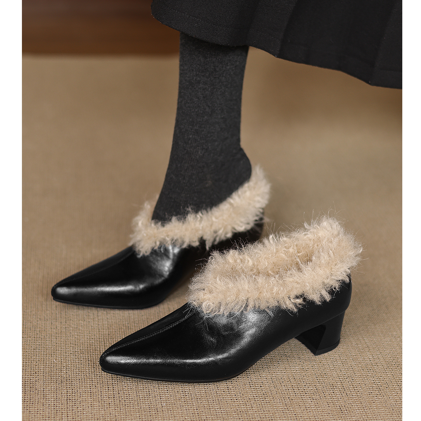 粗跟加绒毛毛单鞋真皮高跟鞋