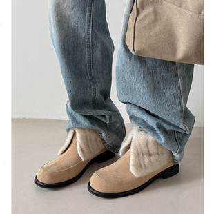 Kmeizu优雅范~3cm粗跟欧若风短靴女秋冬毛毛鞋大棉雪地骑士靴百搭