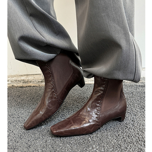 Kmeizu巨显瘦~3cm粗跟羊皮短靴女秋冬切尔西靴方头美式及踝马丁靴