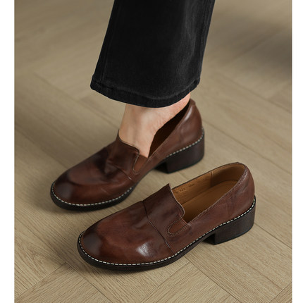 Kmeizu巨软~4.5cm粗跟乐福鞋女中性风简约小皮鞋法式复古中跟单鞋