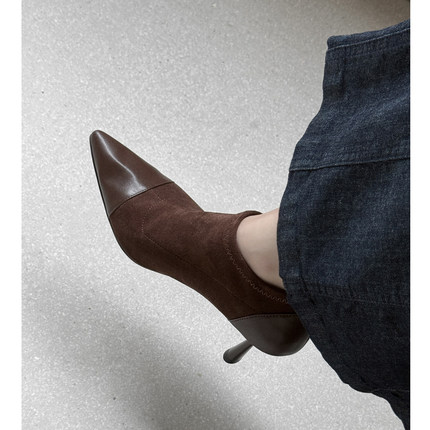 Kmeizu法式优雅~7cm细跟高跟鞋女尖头小皮鞋真皮拼接及踝商务单鞋