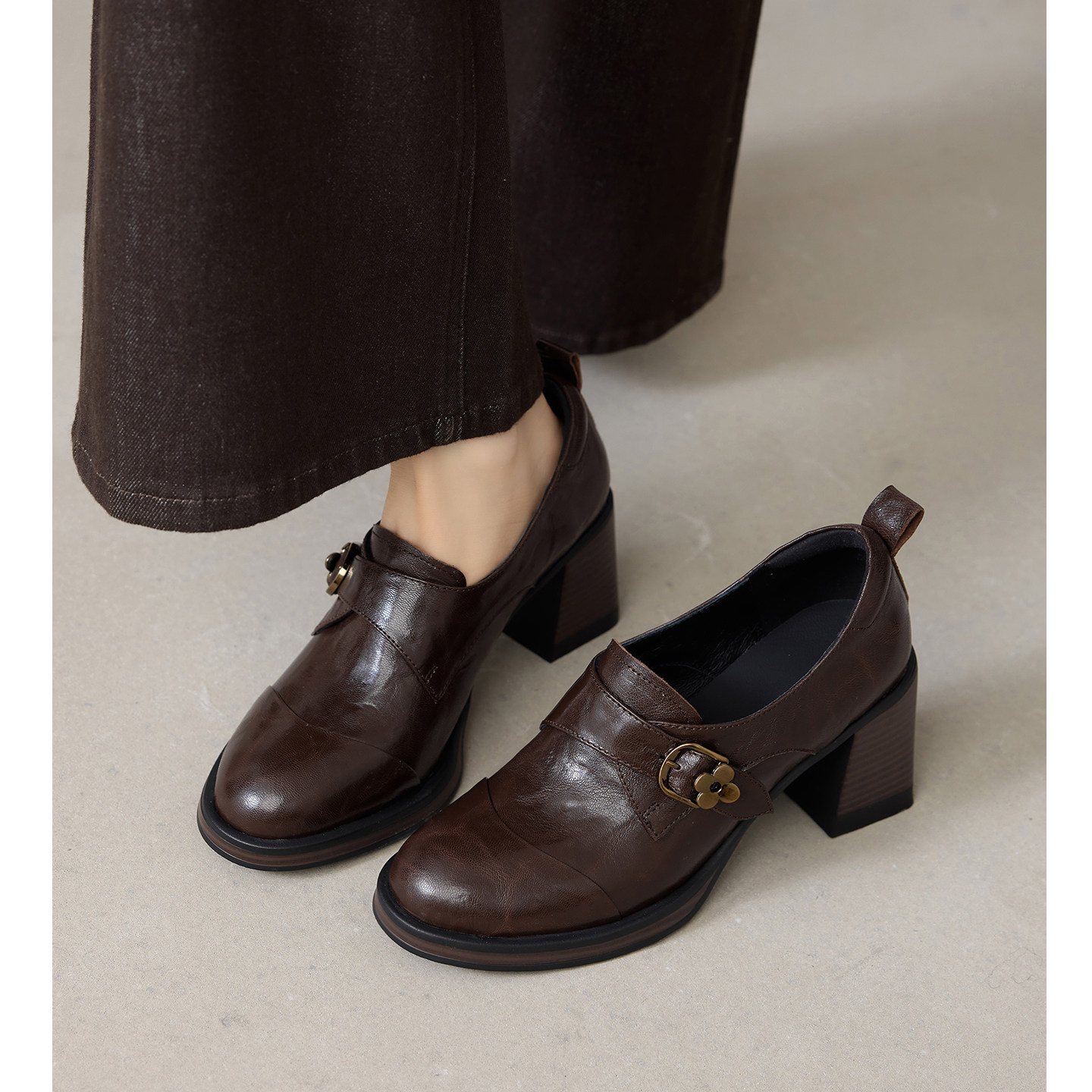 Kmeizu不累脚~7.5cm粗跟高跟鞋女春小皮鞋中古窝窝单鞋真皮乐福鞋,女鞋,深口单鞋,淘宝优惠券,粉丝福利购,淘宝优惠卷