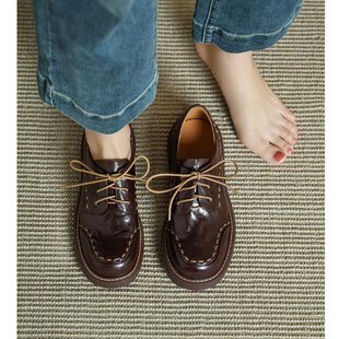 Kmeizu气质车线感单鞋女新款休闲英伦小皮鞋系带纯真皮中跟德比鞋