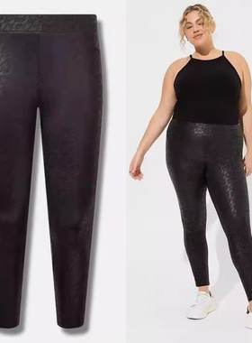 240-330斤TO欧美春秋胖MM特大码女仿皮蕾丝印花黑色弹力打底裤P12