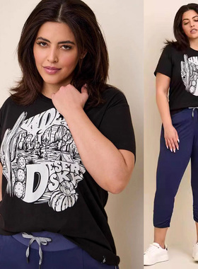 瑕疵 200-230斤欧美特大码胖mm夏轻薄黑色中长运动宽松棉质T恤P60