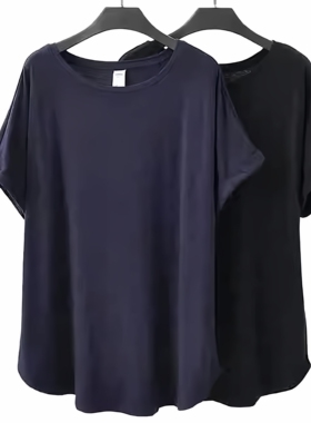 180-280斤欧美外贸特大码加肥女纯黑色95棉中长遮臀部短袖T恤305