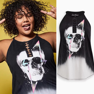 瑕疵清仓 160斤 欧美大码女遮臀骷髅扎染棉质健身镂空中长背心Y32